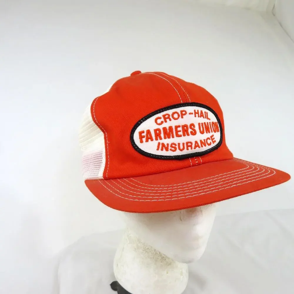 K-Products Hat Farmers Union Insurance Trucker Cap Orange White Snapback NWOT